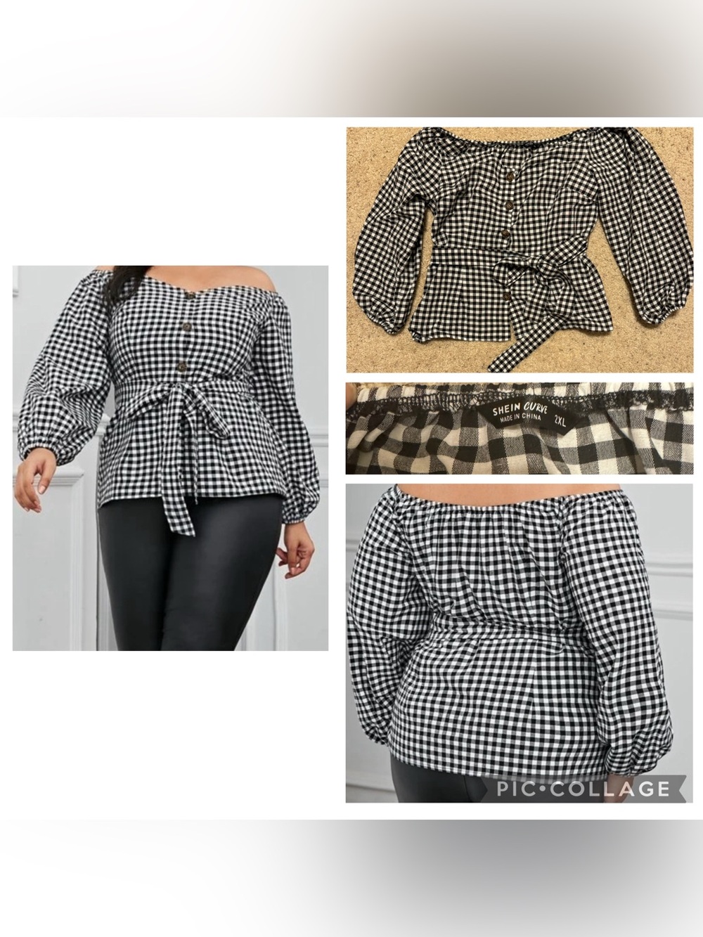 SHEIN Black & White Gingham Off-Shoulder Tie-Waist Blouse